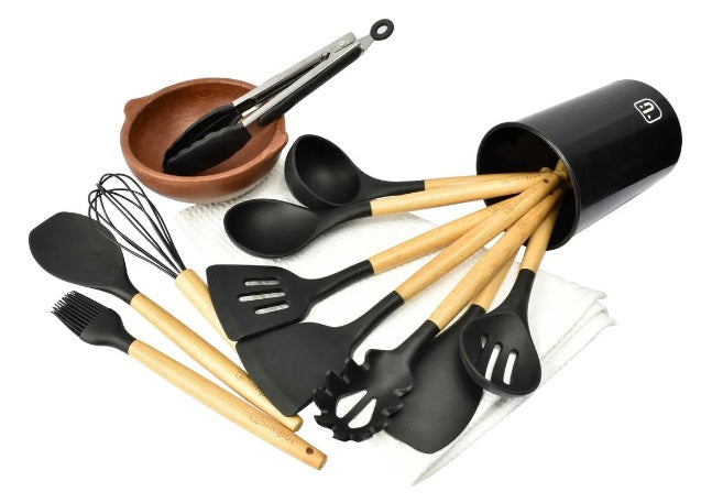Juego de utensilios de cocina de silicona y madera con soporte