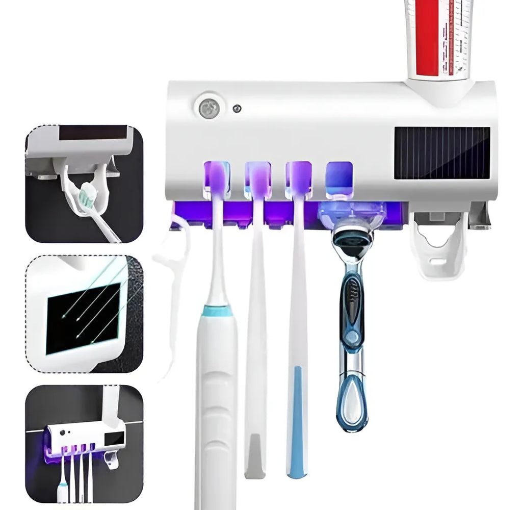 Porta cepillos de pared con luz UV y dispensador de pasta dental