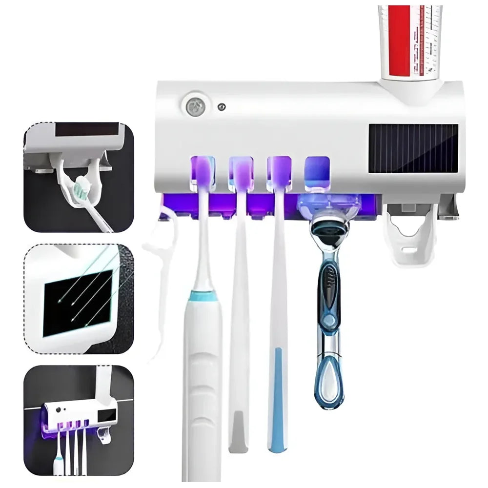 Porta cepillos de pared con luz UV y dispensador de pasta dental