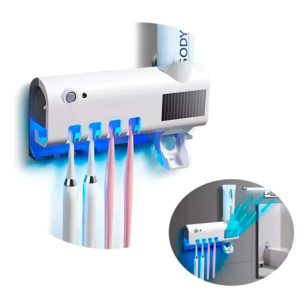 Porta cepillos de pared con luz UV y dispensador de pasta dental