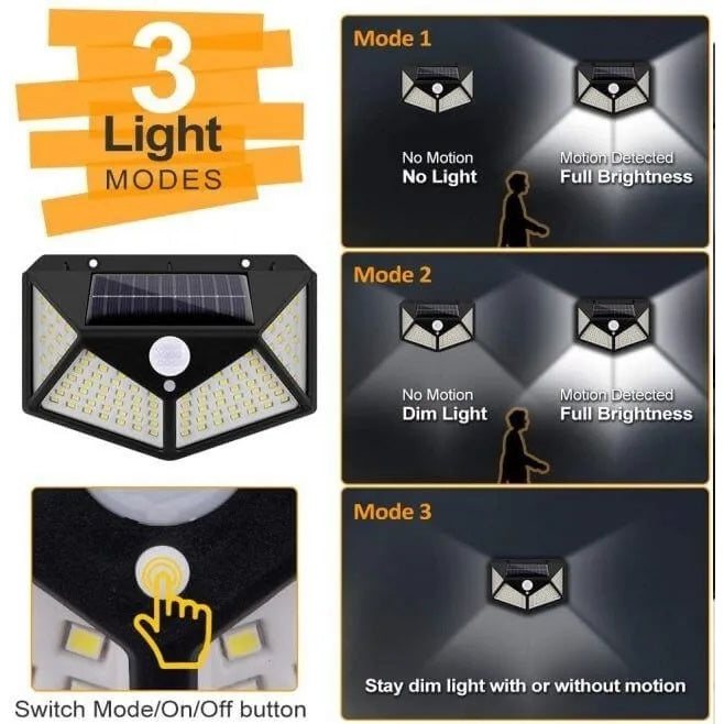 Lámpara solar 100 LED con sensor de movimiento para exterior