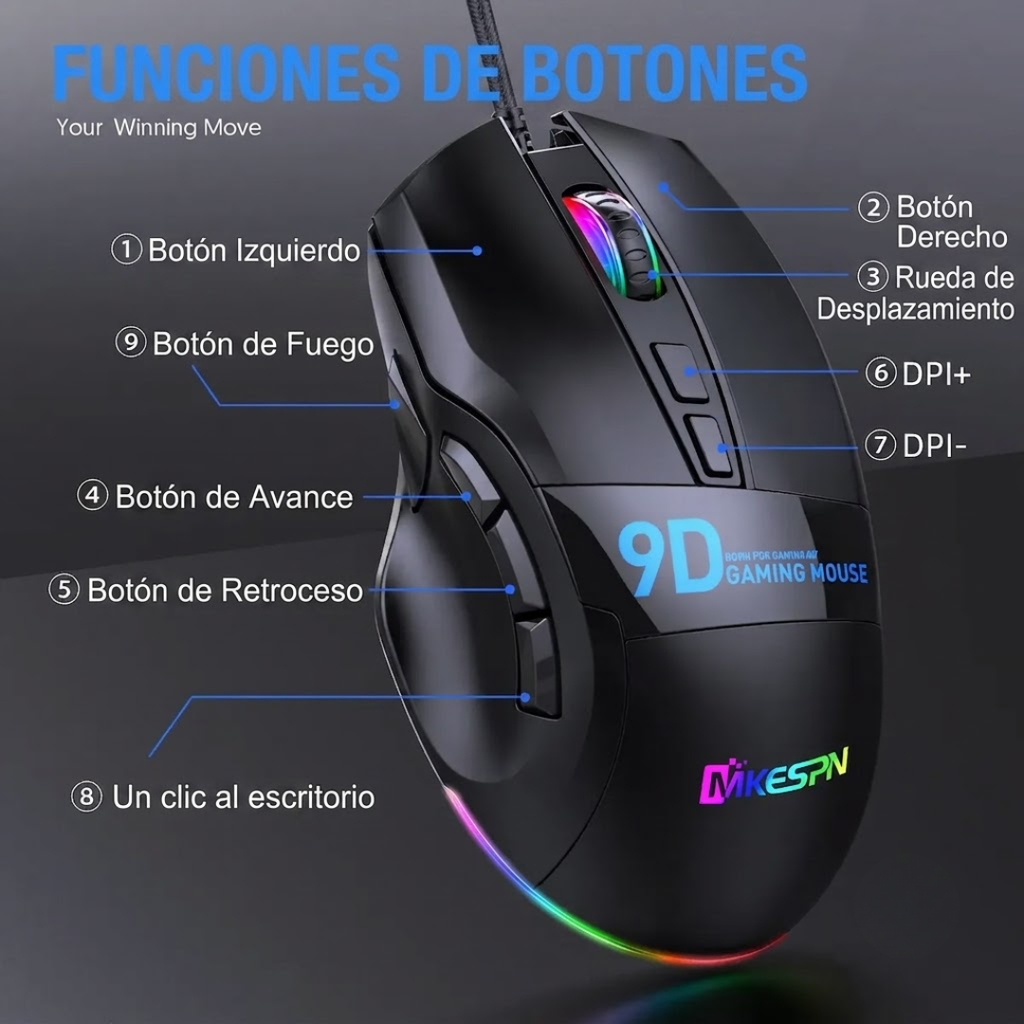 Mouse gamer RGB con cable G6 de 9 botones