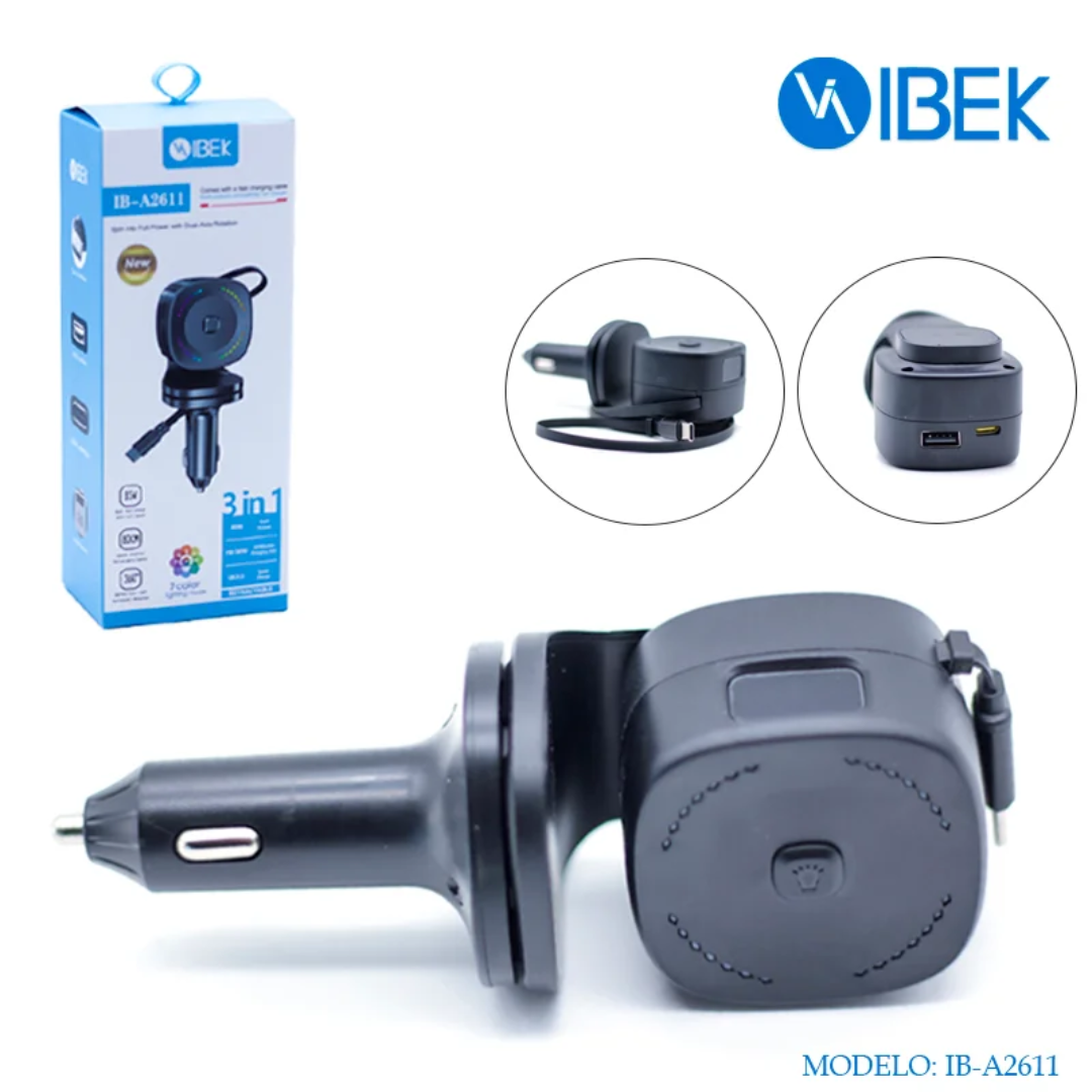 Cargador para auto con cable retráctil tipo C Ibek IB-A2611