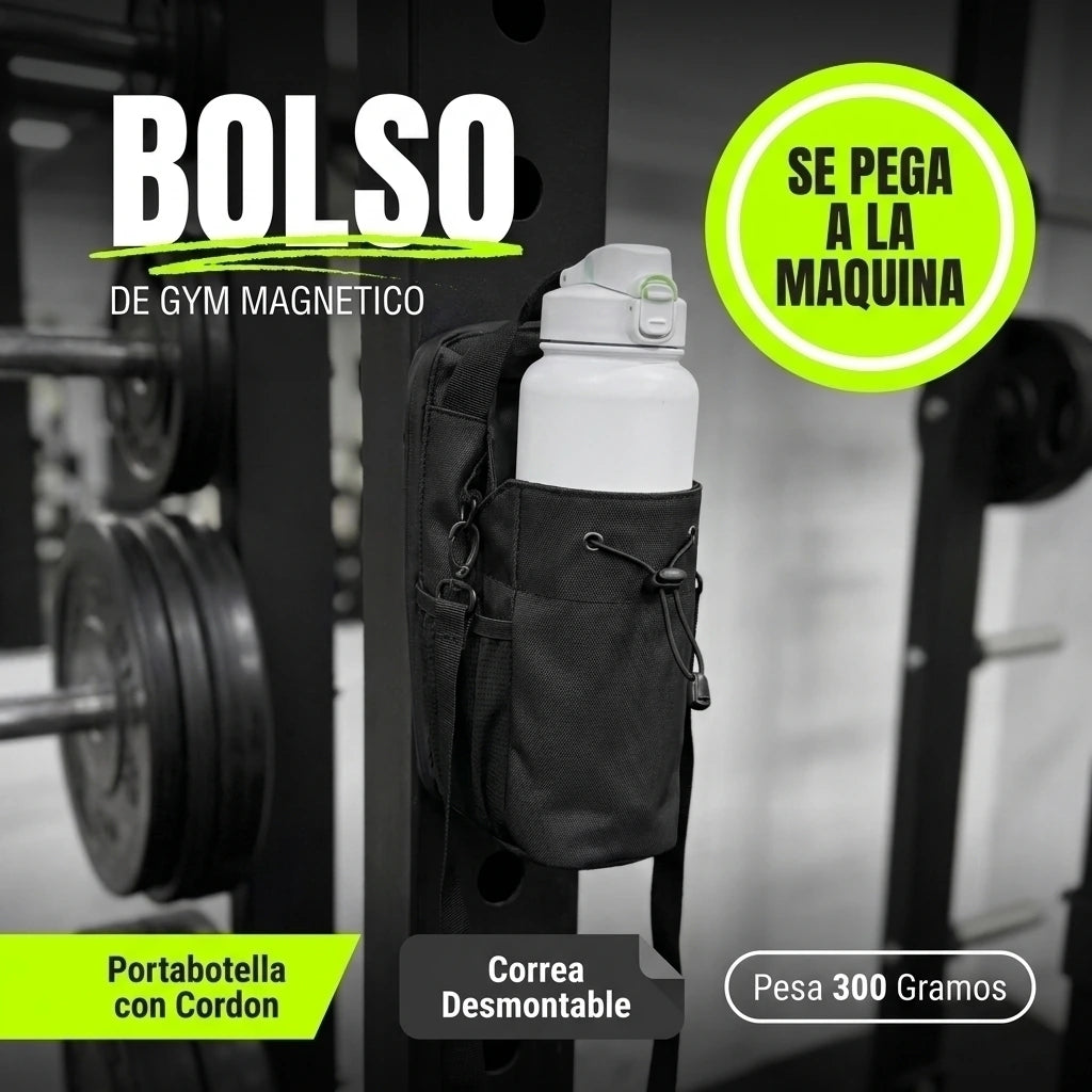 Bolso de gym magnético negro con portabotella pegado a una máquina