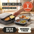 Set x10 contenedores plásticos con división de 2 compartimentos 887 ml