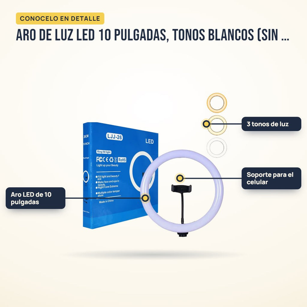Aro de luz LED 10 pulgadas, tonos blancos: partes del producto en detalle
