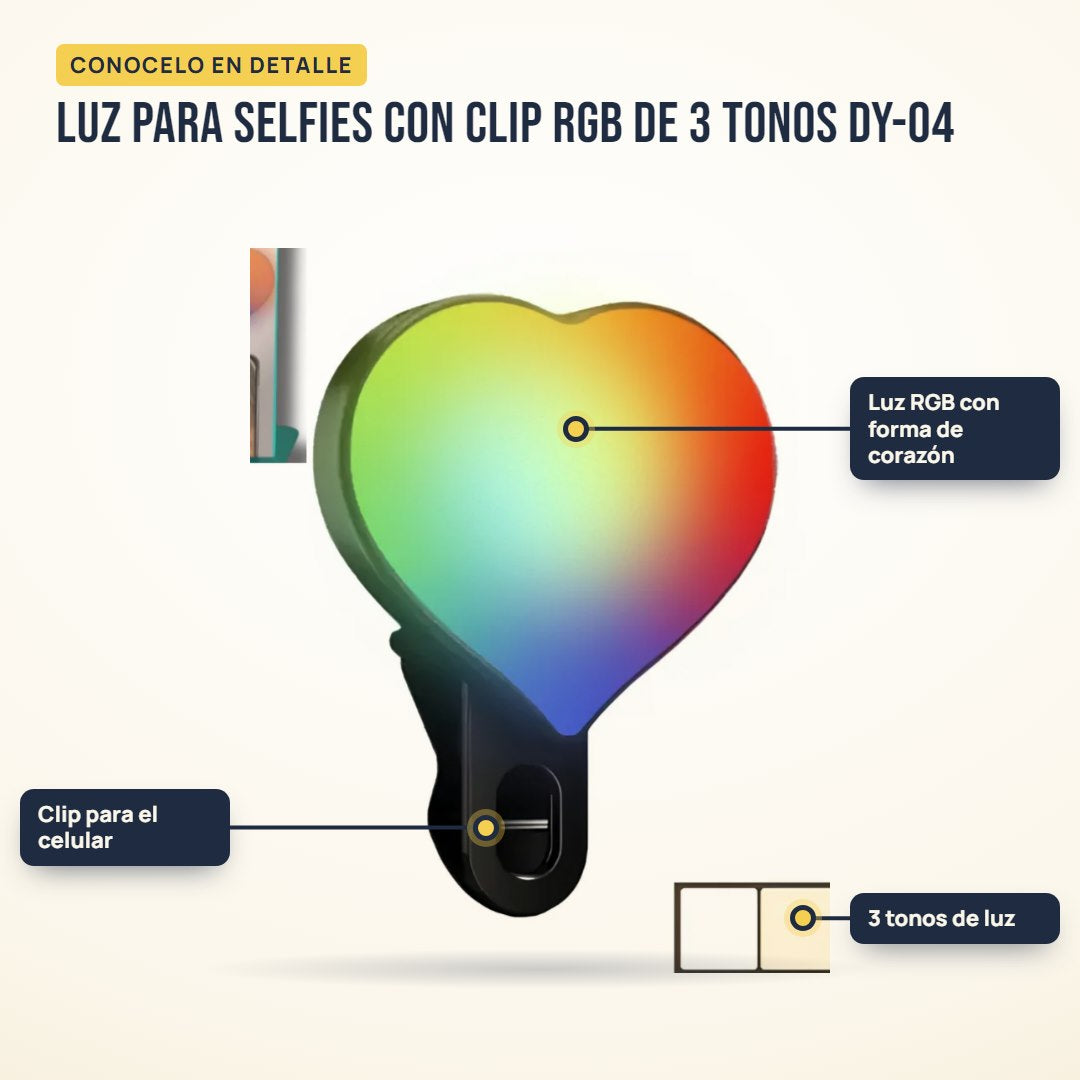 Luz para selfies con clip RGB de 3 tonos DY-04: partes del producto en detalle