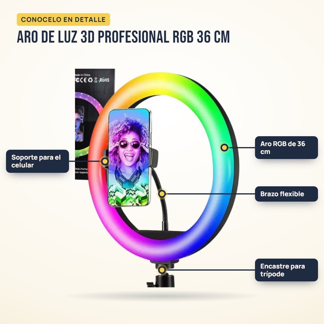 Aro de luz 3D profesional RGB 36 cm: partes del producto en detalle