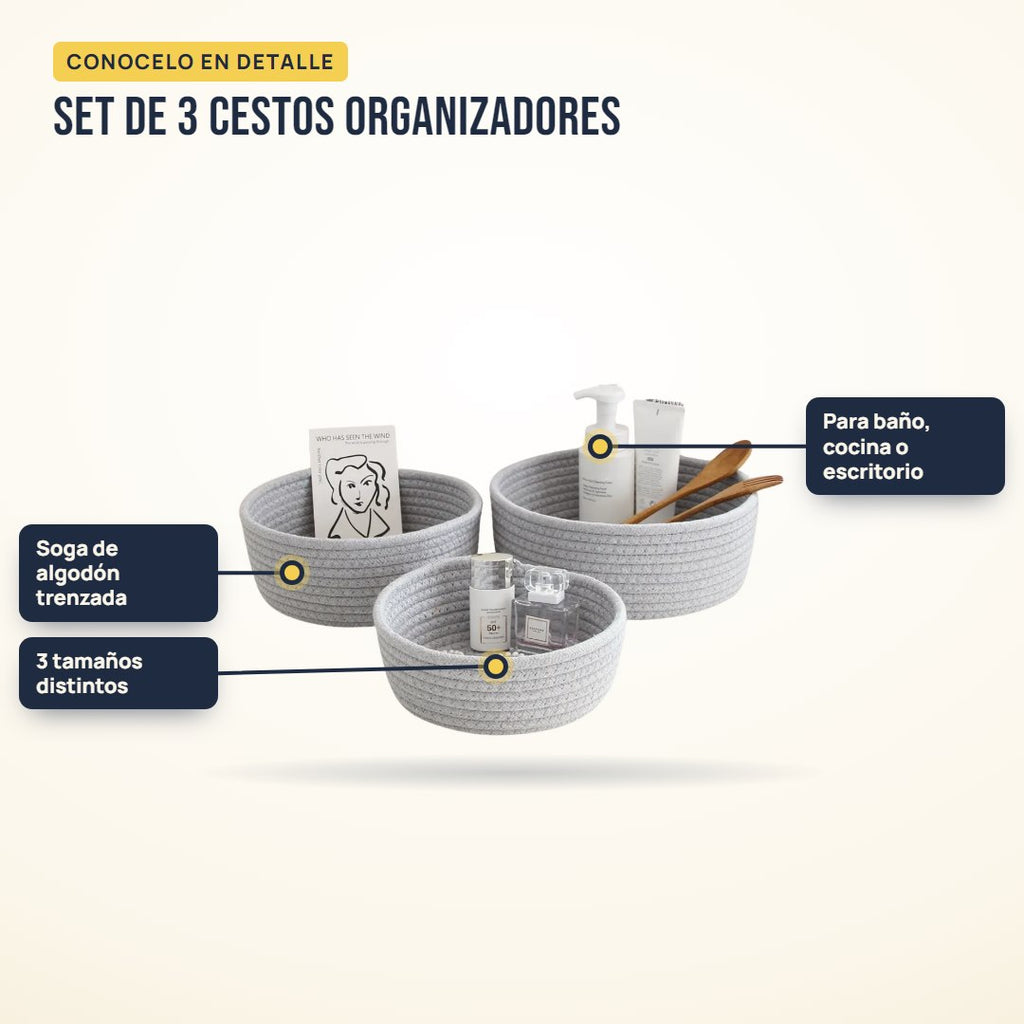 Set de 3 cestos organizadores de soga trenzada: partes del producto en detalle