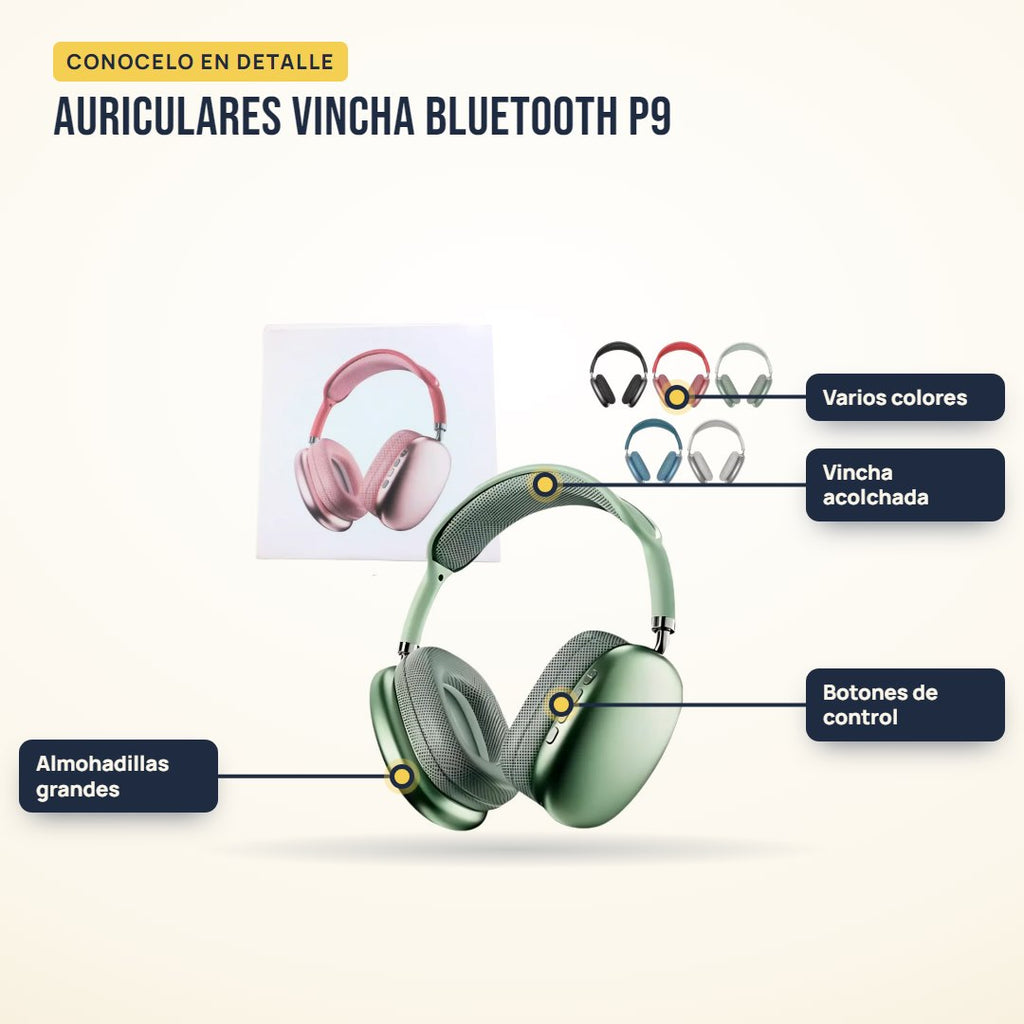 Auriculares vincha Bluetooth P9: partes del producto en detalle