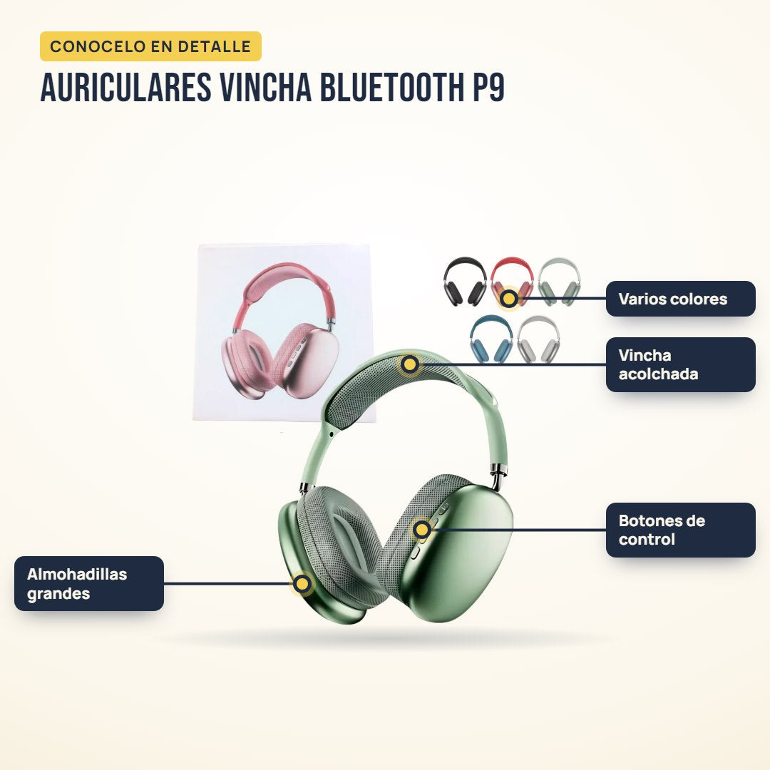 Auriculares vincha Bluetooth P9: partes del producto en detalle