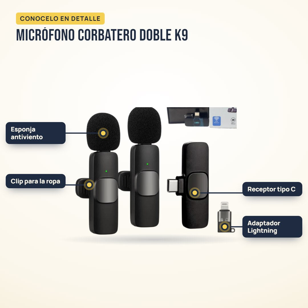 Micrófono corbatero doble K9: partes del producto en detalle