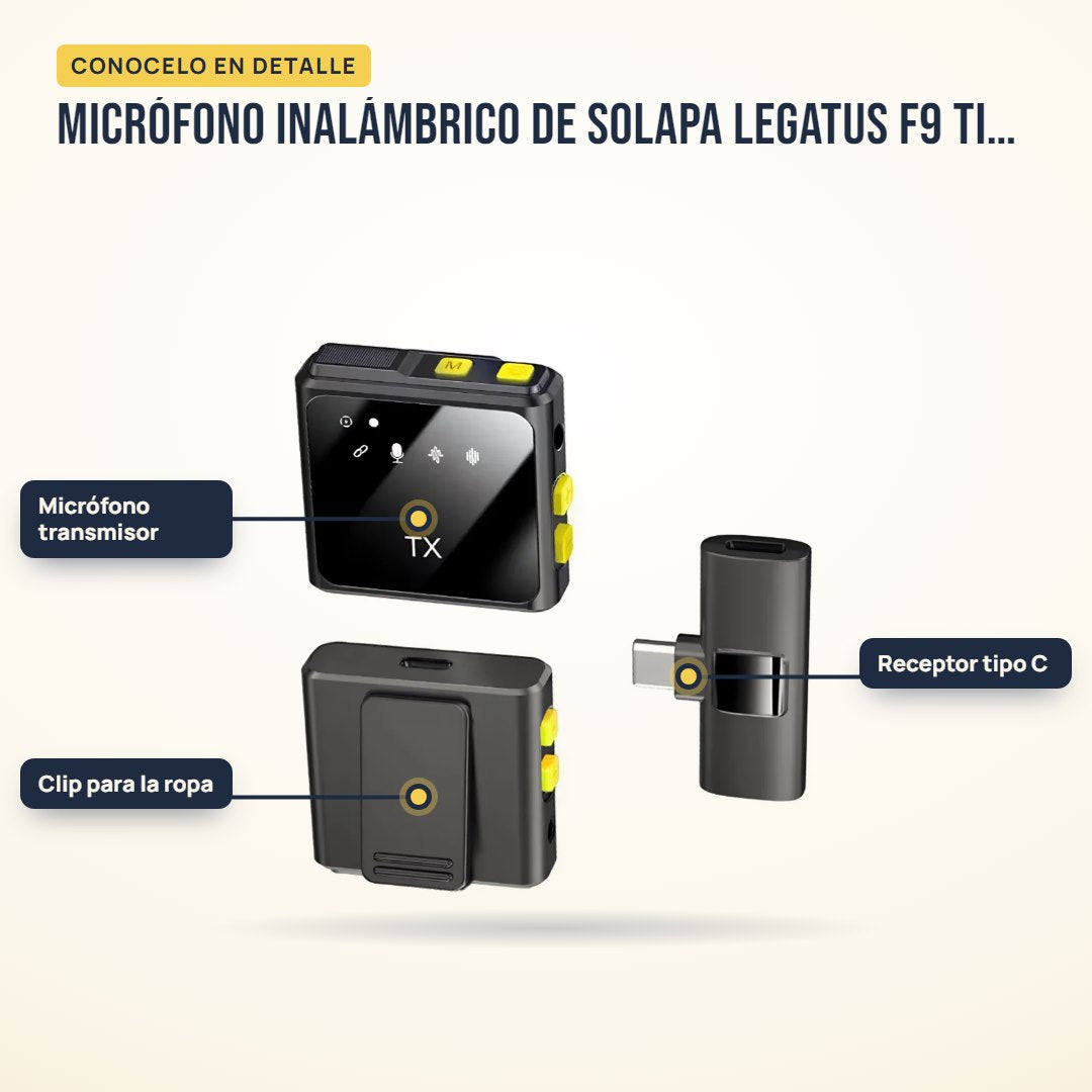 Micrófono inalámbrico de solapa Legatus F9 tipo C: partes del producto en detalle