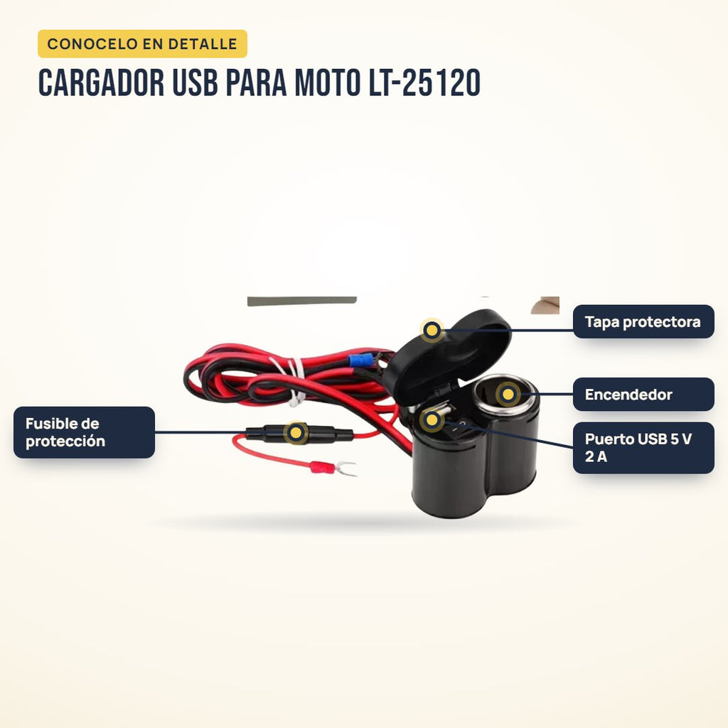 Cargador USB para moto LT-25120: partes del producto en detalle