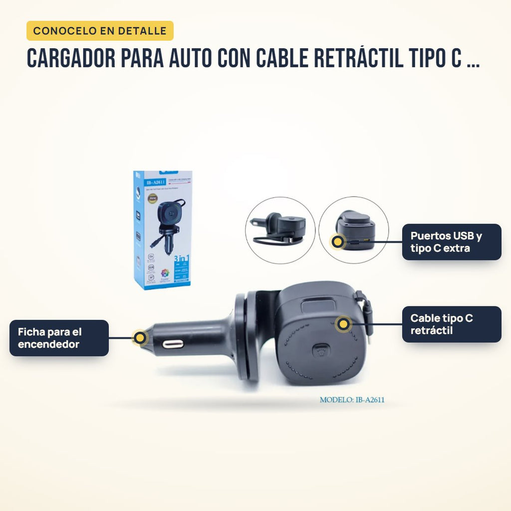 Cargador para auto con cable retráctil tipo C Ibek IB-A2611: partes del producto en detalle