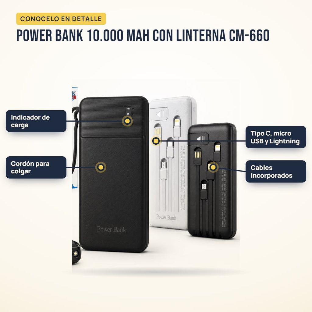 Power bank 10.000 mAh con linterna CM-660: partes del producto en detalle
