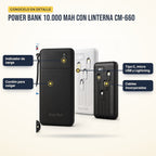 Power bank 10.000 mAh con linterna CM-660: partes del producto en detalle