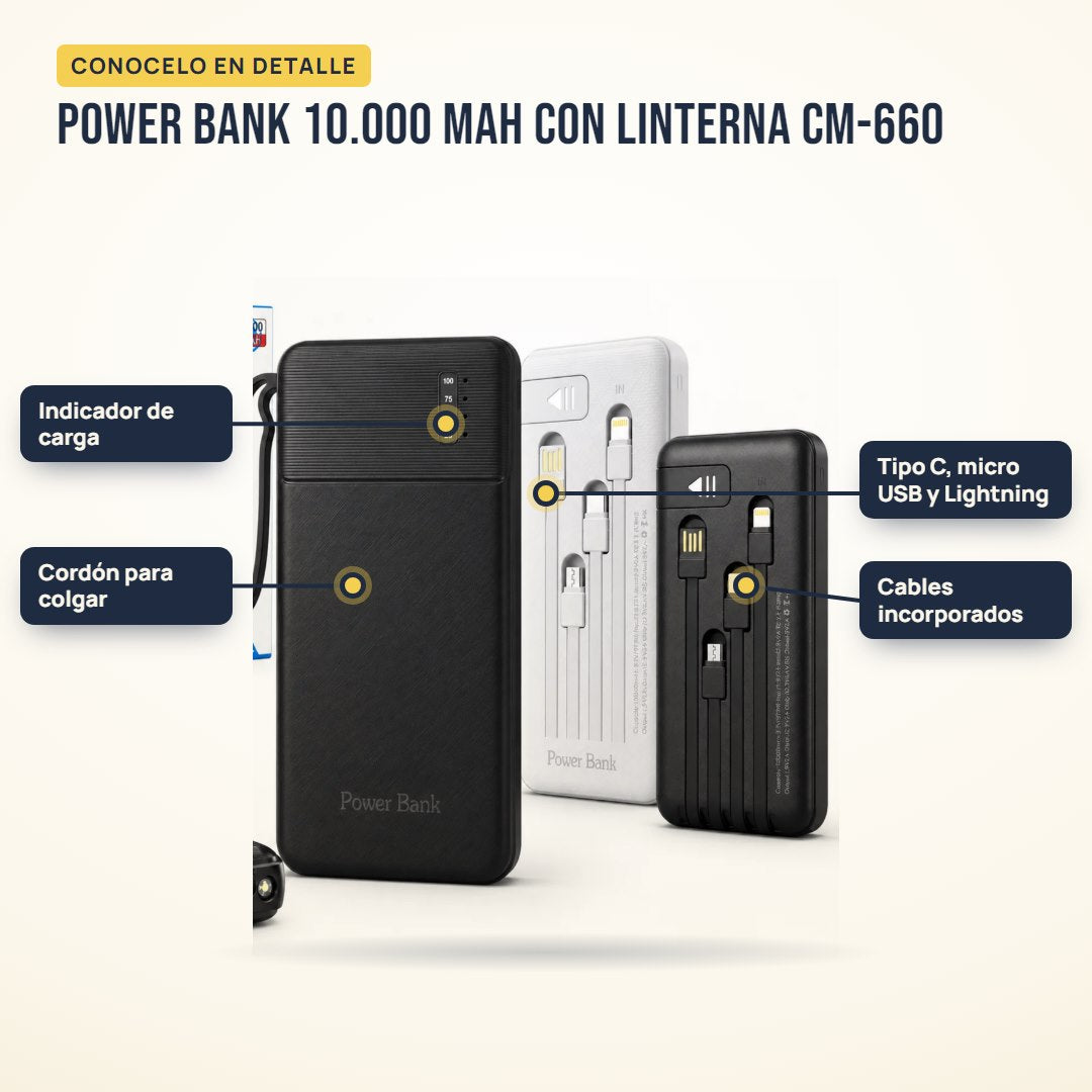 Power bank 10.000 mAh con linterna CM-660: partes del producto en detalle