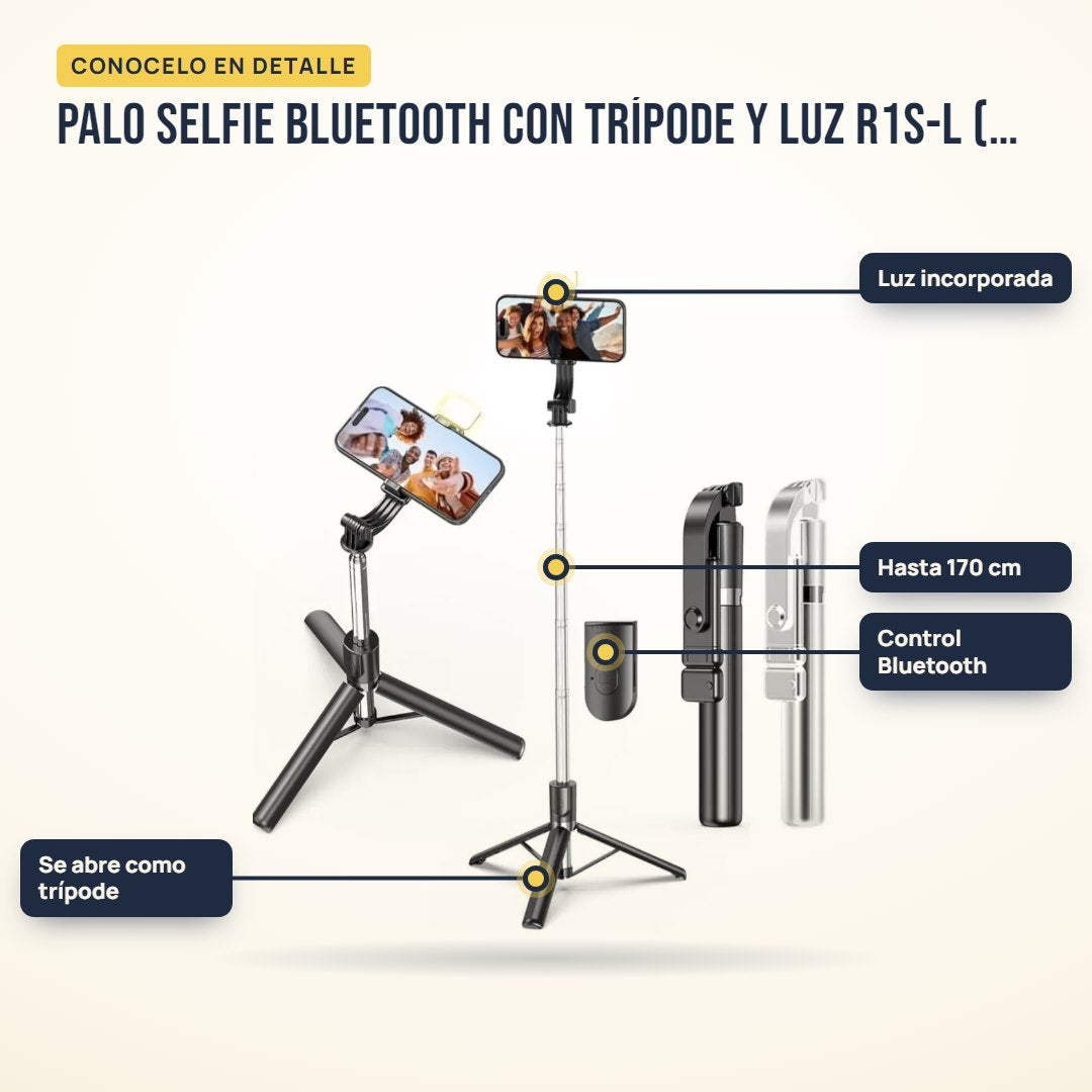 Palo selfie Bluetooth con trípode y luz R1S-L (170 cm): partes del producto en detalle