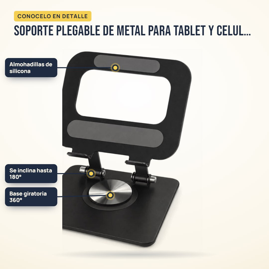 Soporte plegable de metal para tablet y celular: partes del producto en detalle