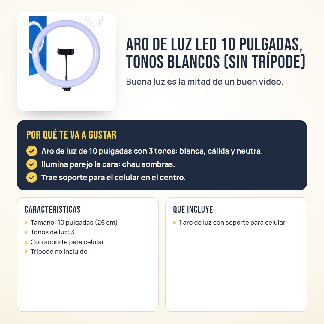 Aro de luz LED 10 pulgadas, tonos blancos: beneficios, características y qué incluye