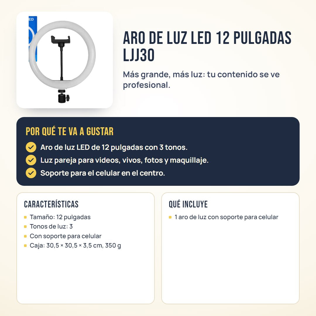 Aro de luz LED 12 pulgadas LJJ30: beneficios, características y qué incluye