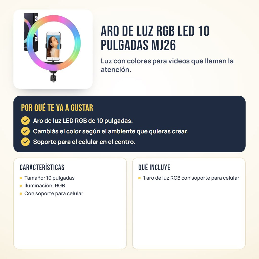Aro de luz RGB LED 10 pulgadas MJ26: beneficios, características y qué incluye