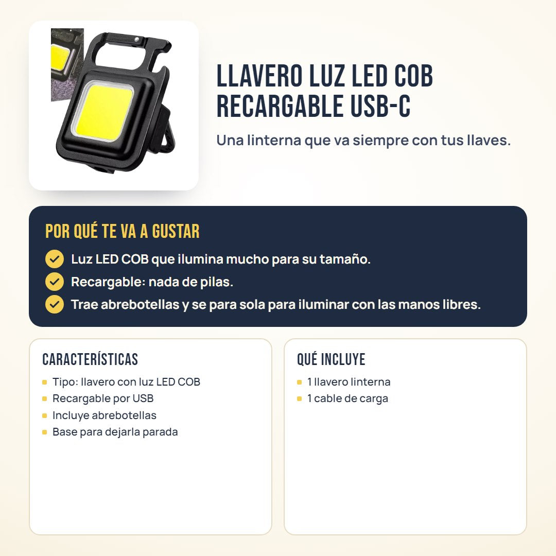 Llavero luz LED COB recargable USB-C: beneficios, características y qué incluye