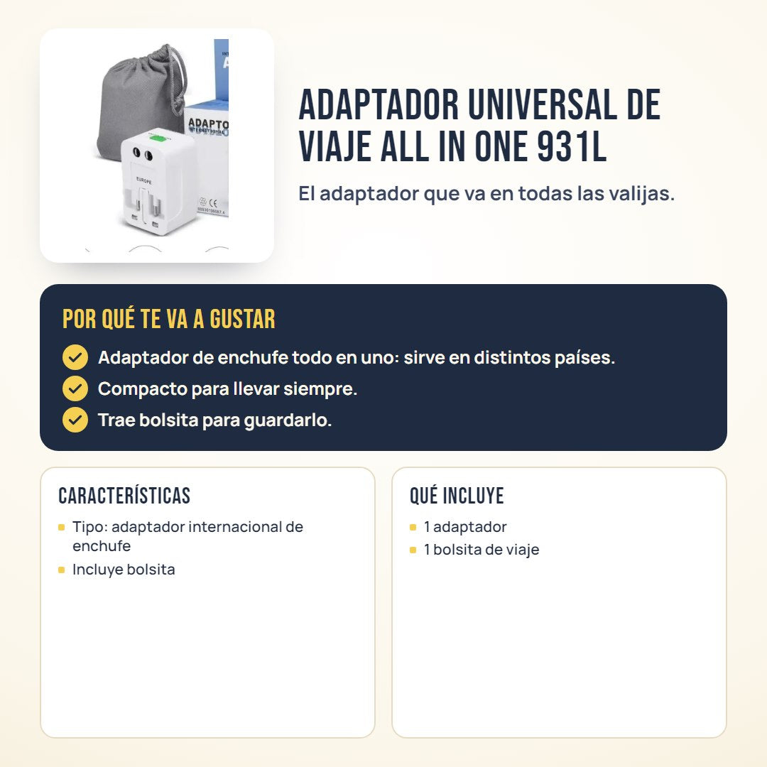 Adaptador universal de viaje All in One 931L: beneficios, características y qué incluye
