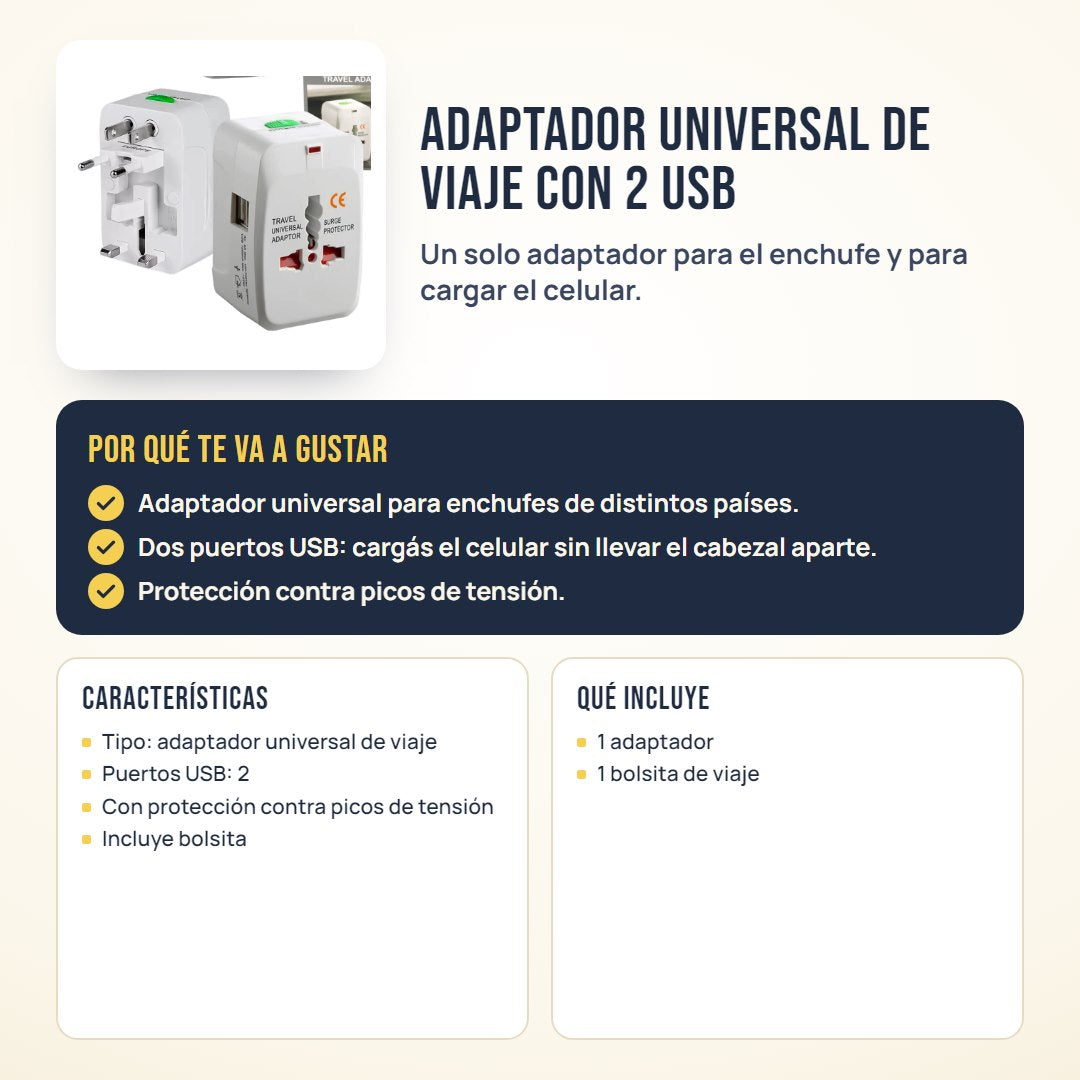 Adaptador universal de viaje con 2 USB: beneficios, características y qué incluye