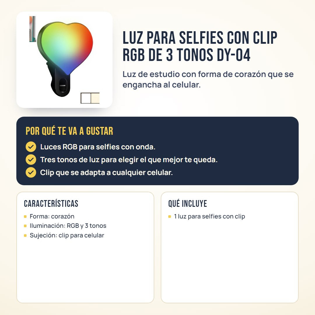 Luz para selfies con clip RGB de 3 tonos DY-04: beneficios, características y qué incluye