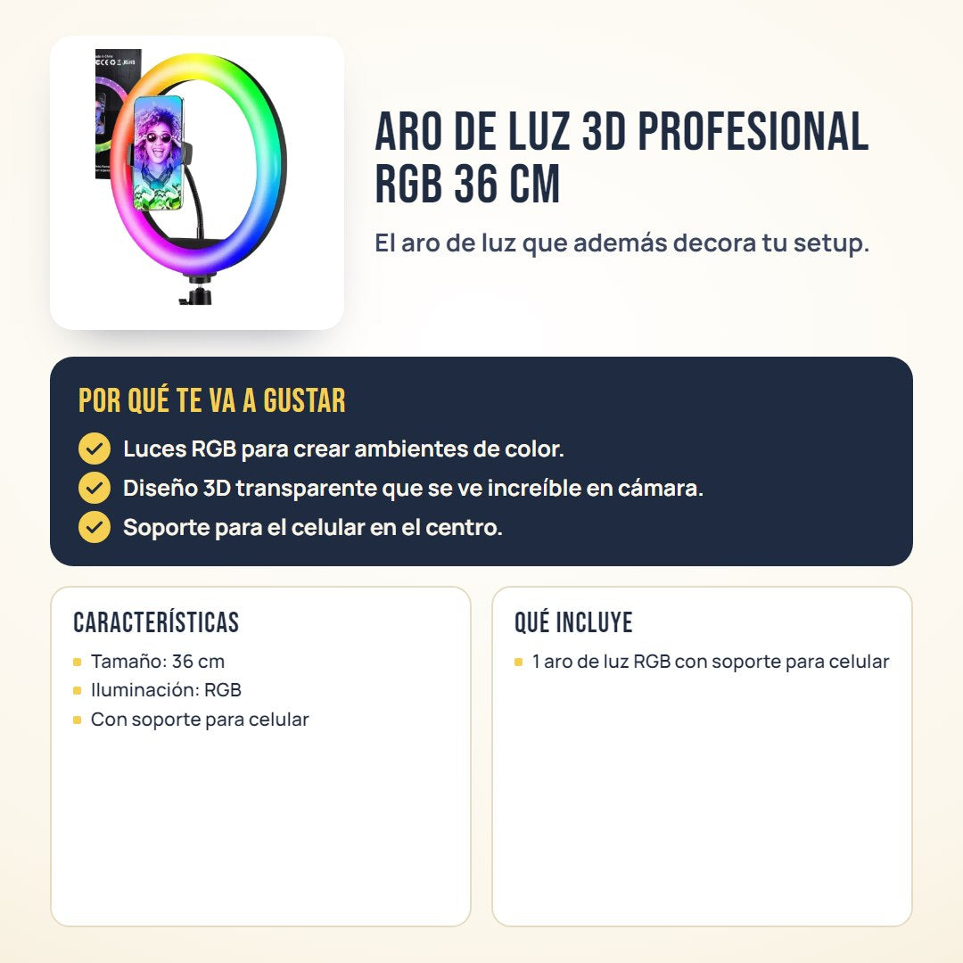 Aro de luz 3D profesional RGB 36 cm: beneficios, características y qué incluye