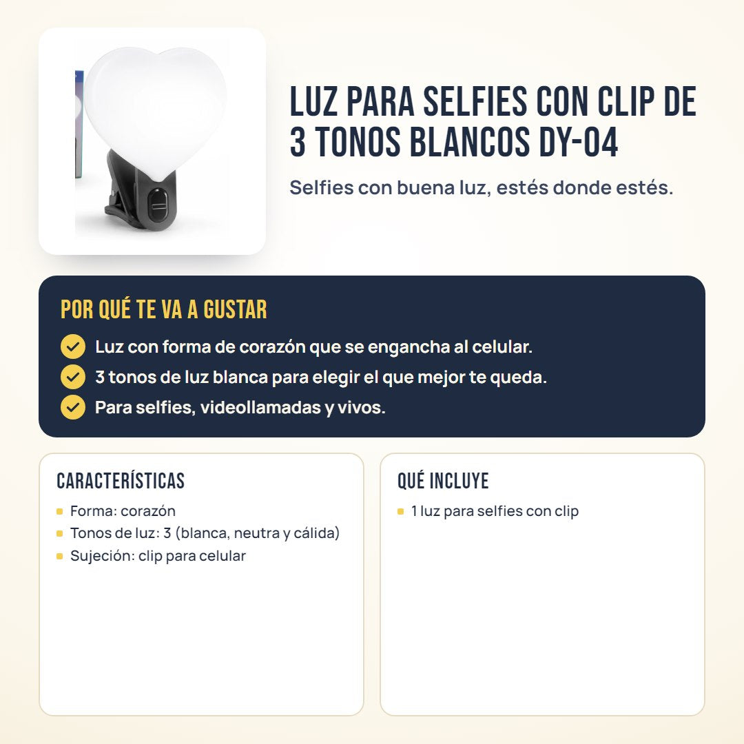 Luz para selfies con clip de 3 tonos blancos DY-04: beneficios, características y qué incluye