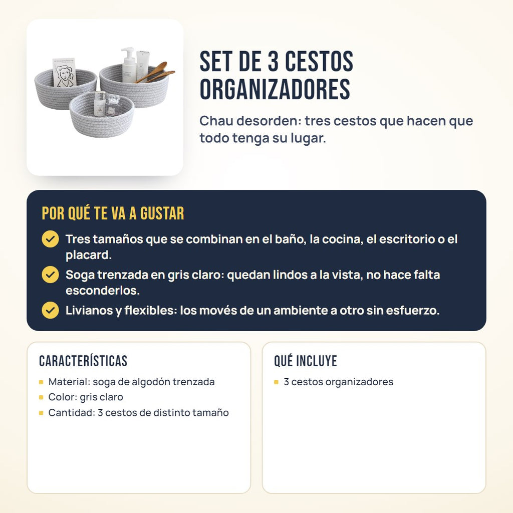 Set de 3 cestos organizadores de soga trenzada: beneficios, características y qué incluye