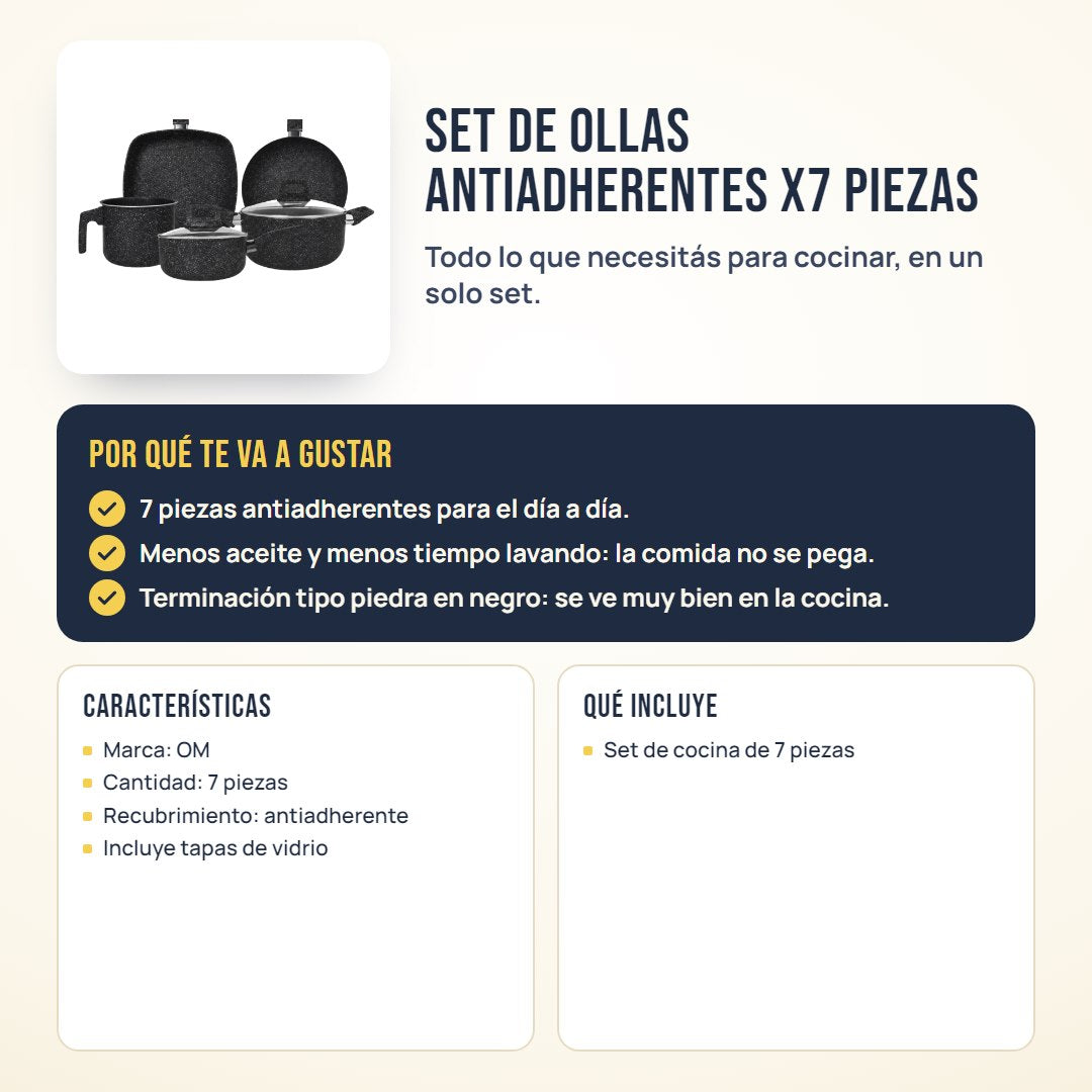 Set de ollas antiadherentes x7 piezas: beneficios, características y qué incluye