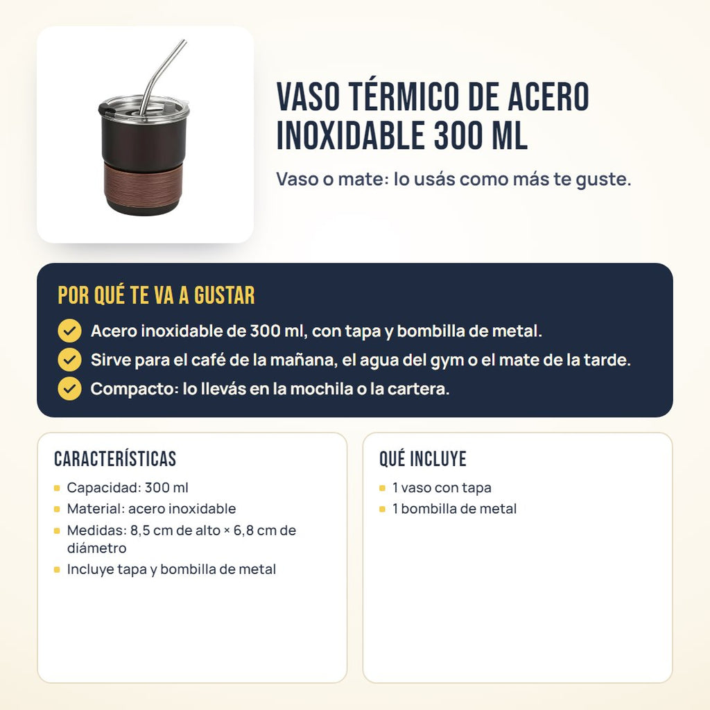 Vaso térmico de acero inoxidable 300 ml: beneficios, características y qué incluye
