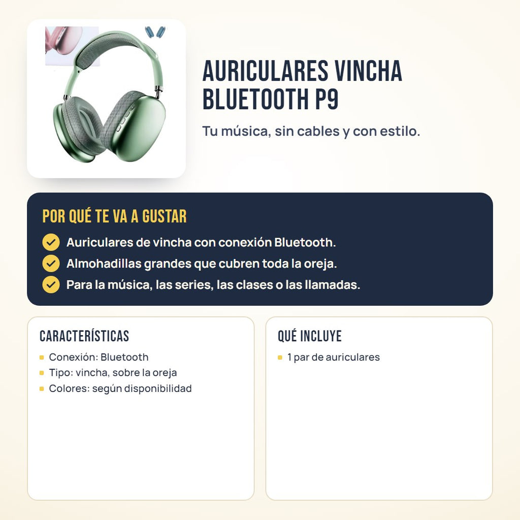 Auriculares vincha Bluetooth P9: beneficios, características y qué incluye