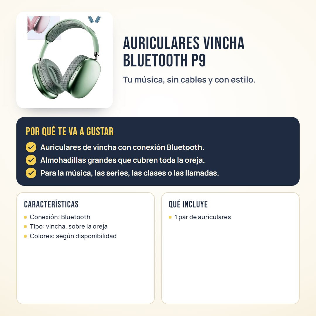 Auriculares vincha Bluetooth P9: beneficios, características y qué incluye