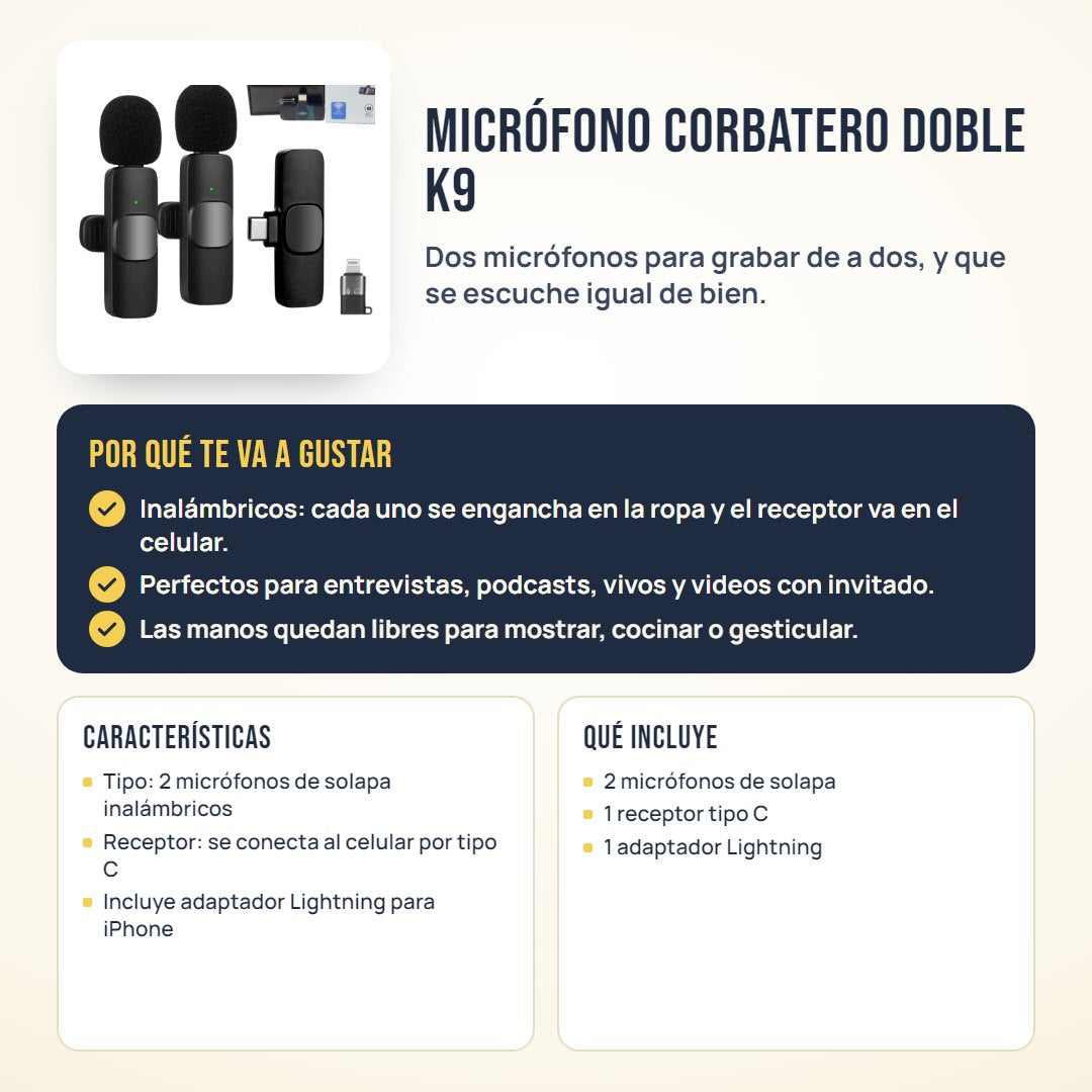 Micrófono corbatero doble K9: beneficios, características y qué incluye