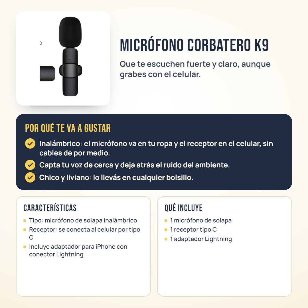 Micrófono corbatero K9: beneficios, características y qué incluye