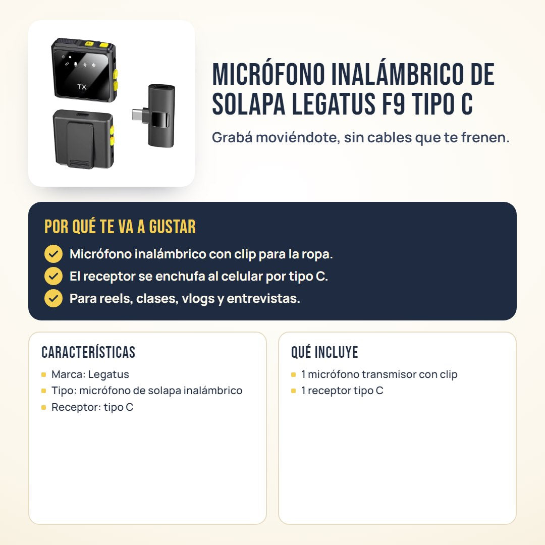Micrófono inalámbrico de solapa Legatus F9 tipo C: beneficios, características y qué incluye