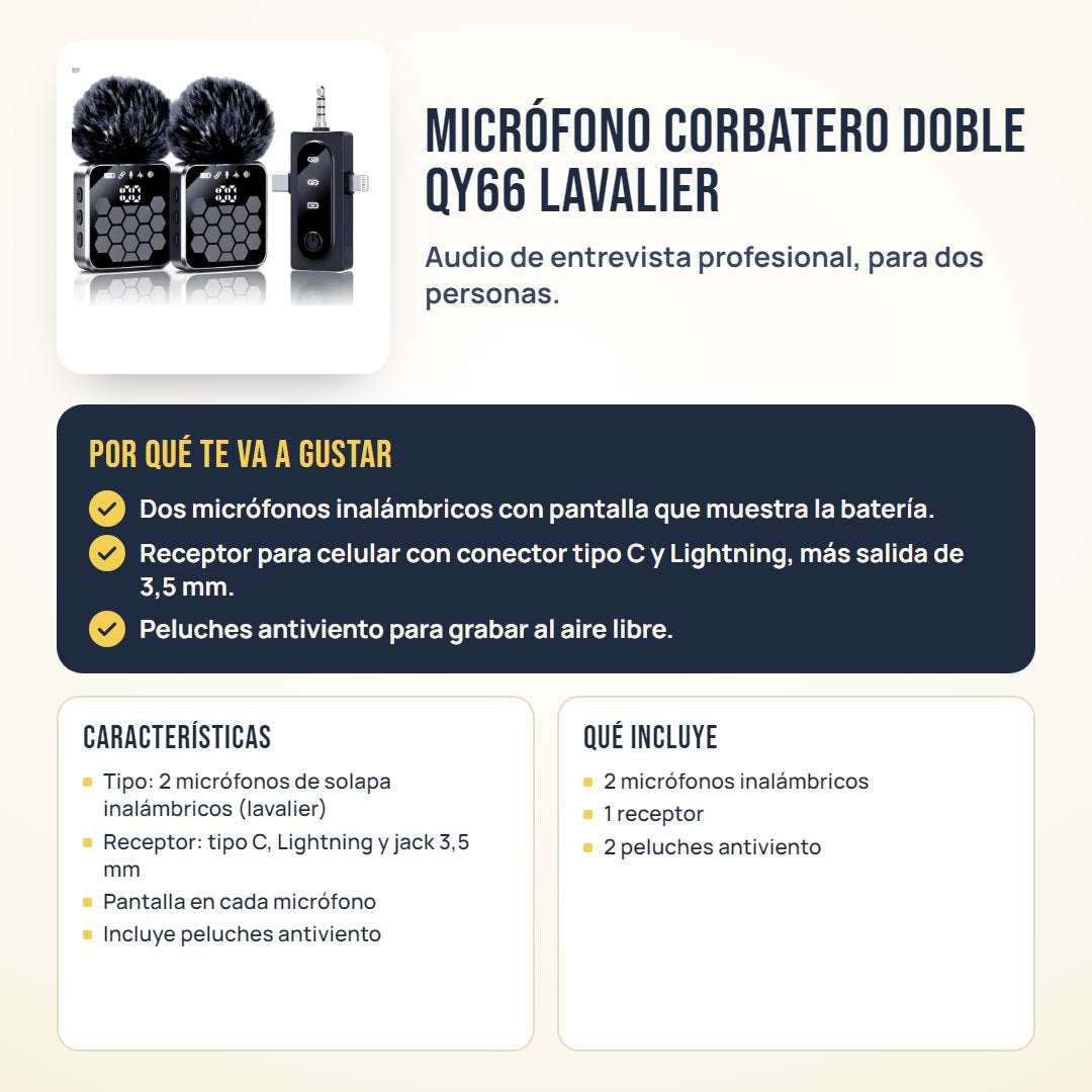 Micrófono corbatero doble QY66 lavalier: beneficios, características y qué incluye