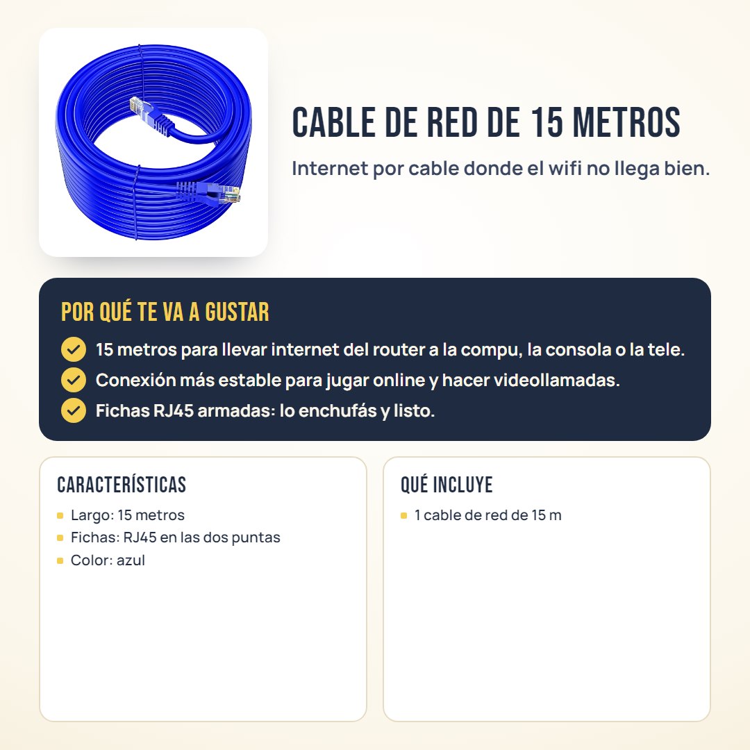 Cable de red de 15 metros: beneficios, características y qué incluye
