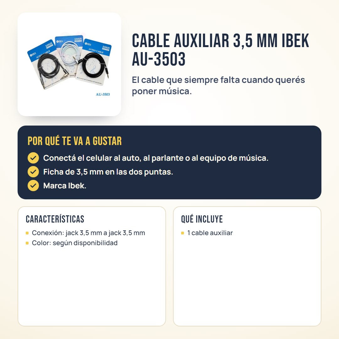 Cable auxiliar 3,5 mm Ibek AU-3503: beneficios, características y qué incluye
