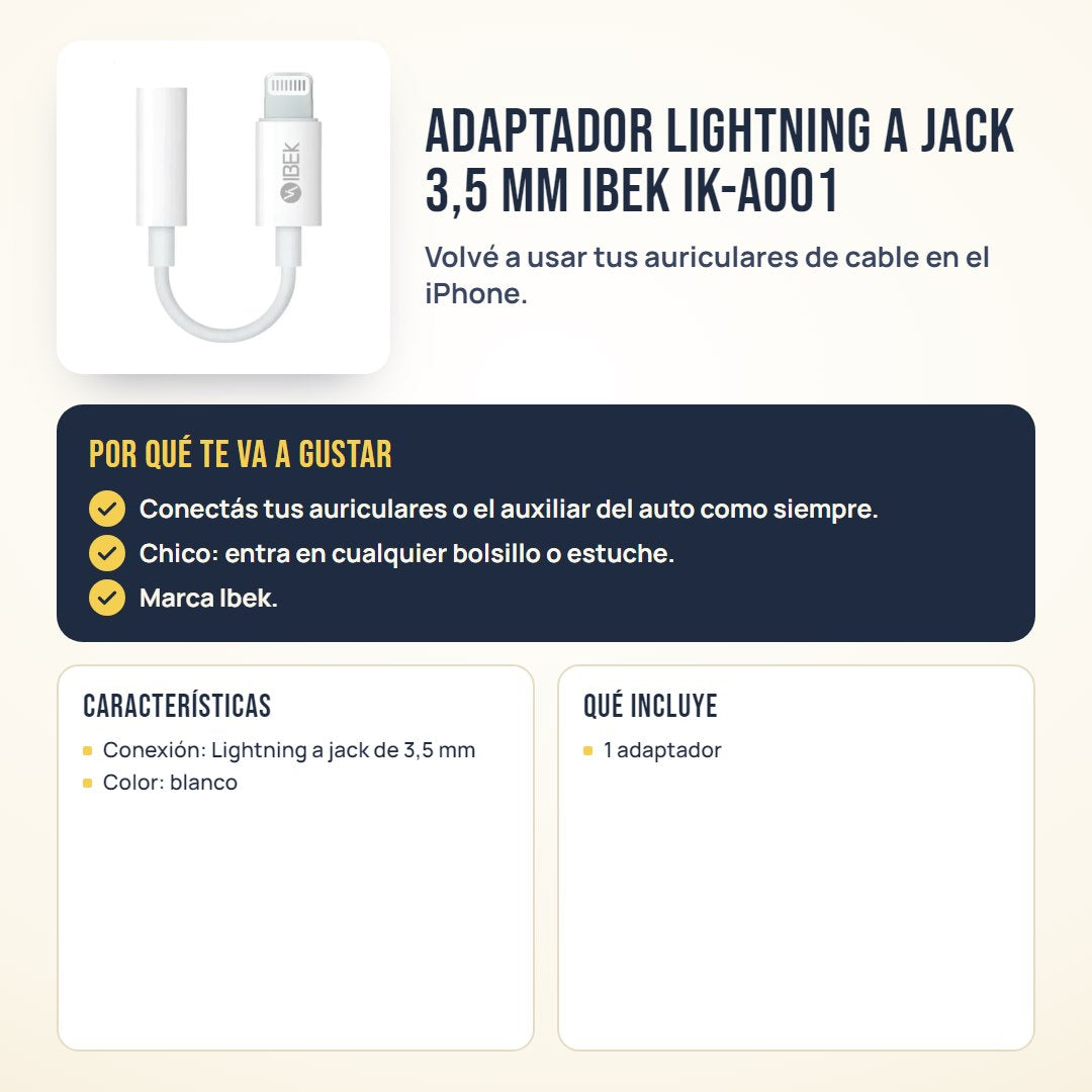 Adaptador Lightning a jack 3,5 mm Ibek IK-A001: beneficios, características y qué incluye