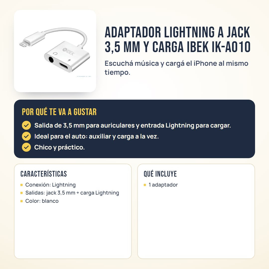 Adaptador Lightning a jack 3,5 mm y carga Ibek IK-A010: beneficios, características y qué incluye