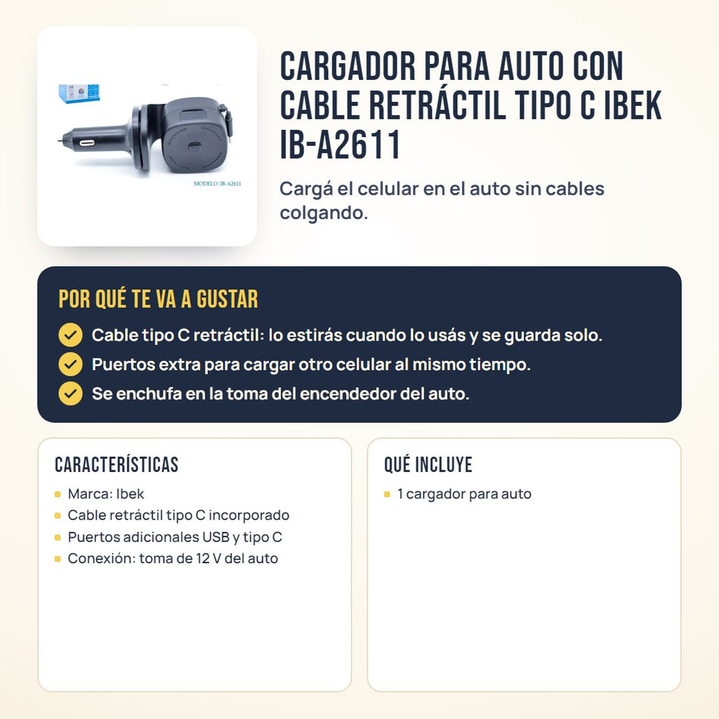 Cargador para auto con cable retráctil tipo C Ibek IB-A2611: beneficios, características y qué incluye