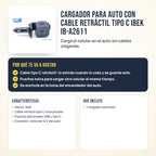 Cargador para auto con cable retráctil tipo C Ibek IB-A2611: beneficios, características y qué incluye