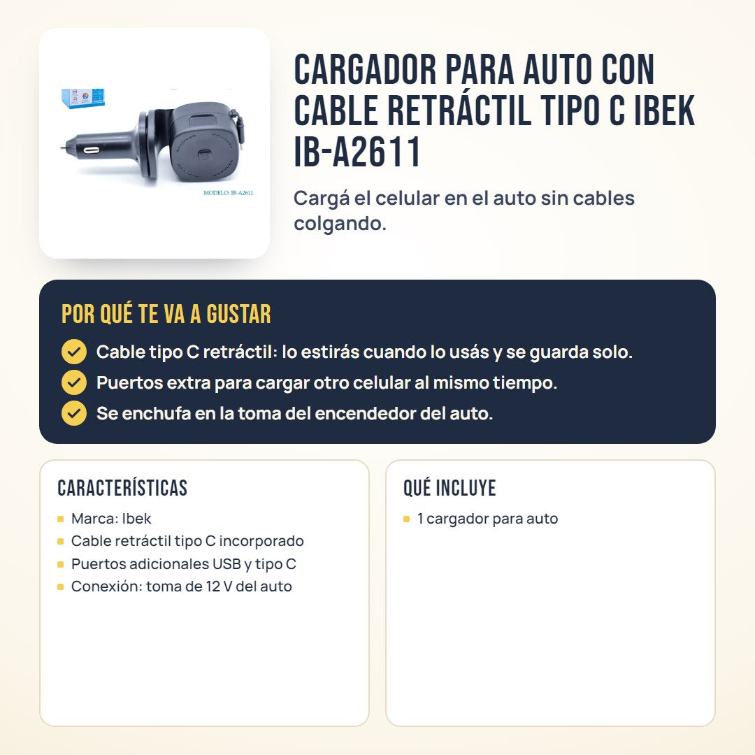 Cargador para auto con cable retráctil tipo C Ibek IB-A2611: beneficios, características y qué incluye