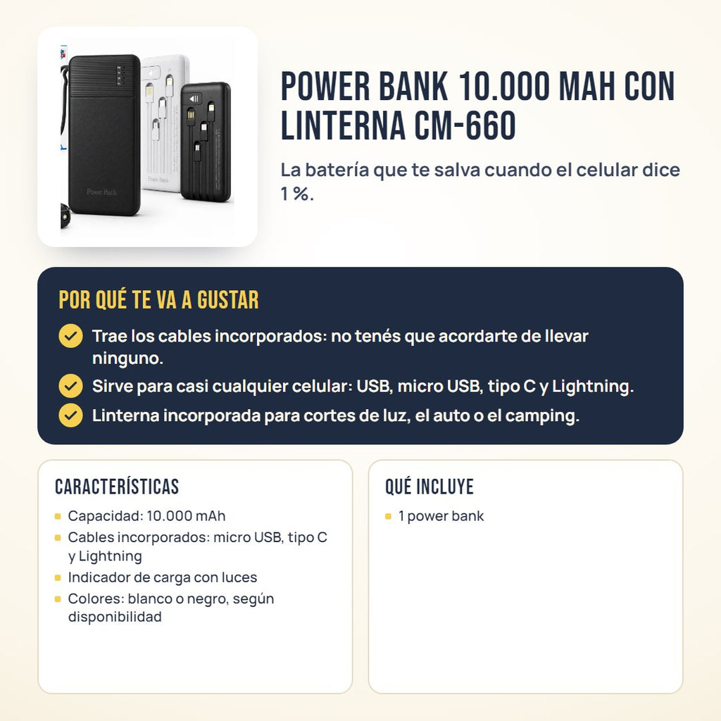 Power bank 10.000 mAh con linterna CM-660: beneficios, características y qué incluye